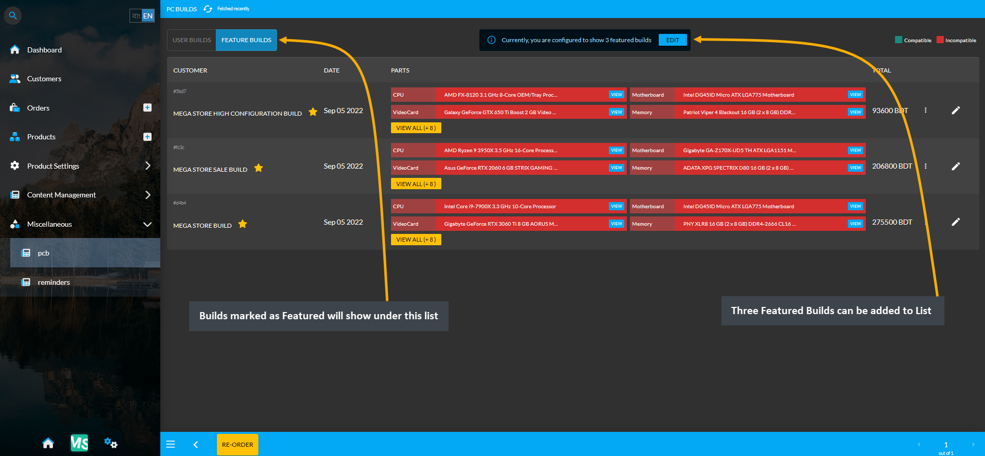 featured builds admin, Builds marked as Featured will show under this list, Three Featured Builds can be added to List