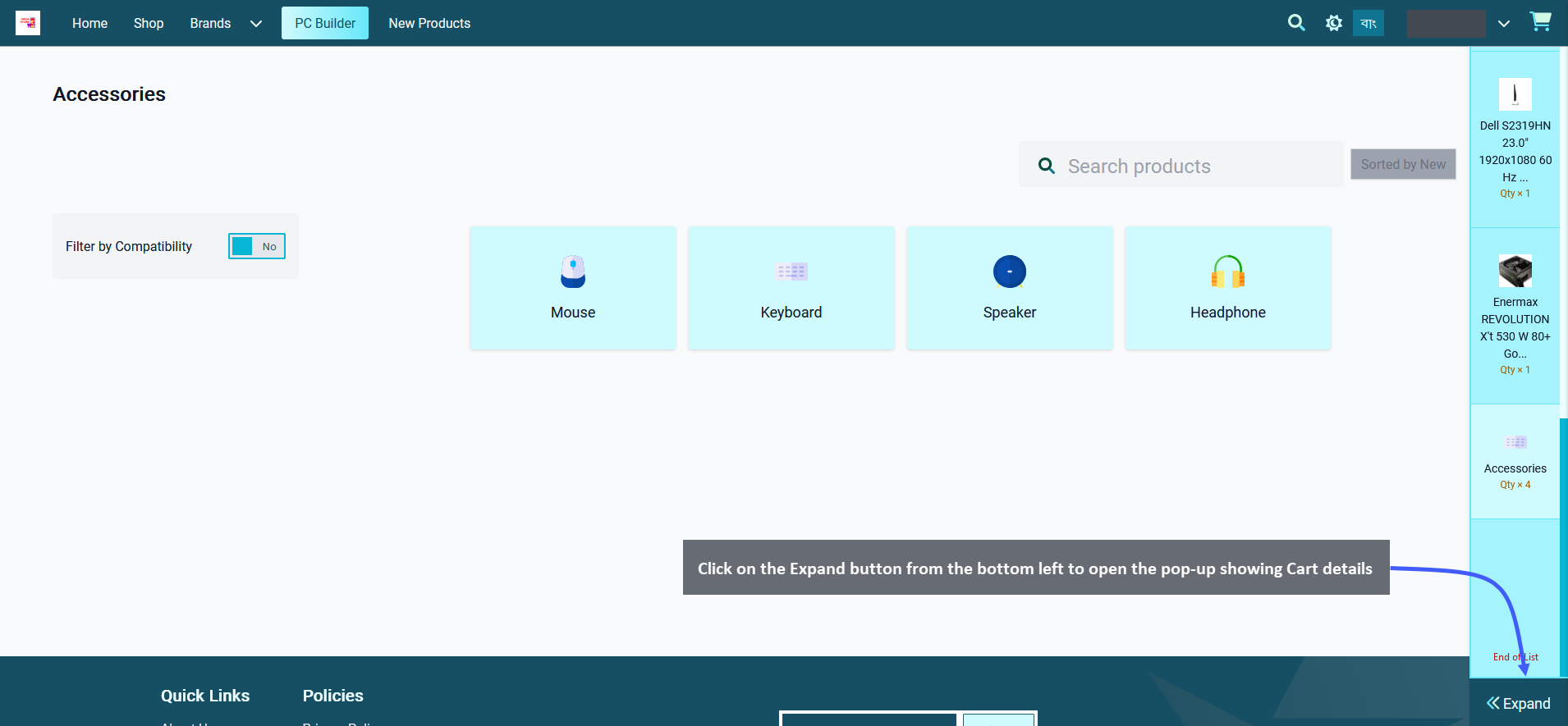 PC build cart expand, Click on the Expand button from the bottom left to open the pop-up showing Cart details