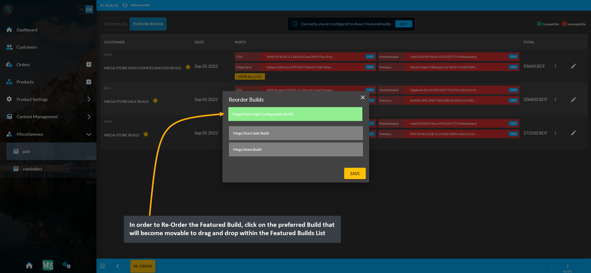 re-order on featured builds, In order to Re-Order the Featured Build, click on the preferred Build that will become movable to drag and drop within the Featured Builds List