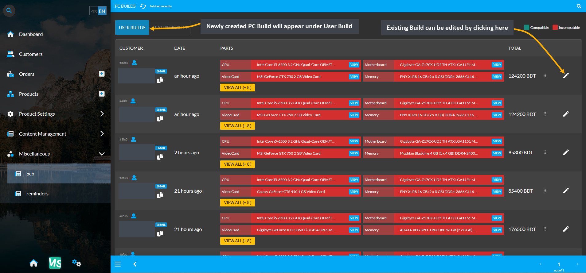 user build admin panel, Newly created PC Build will appear under User Build, Existing Build can be edited by clicking here