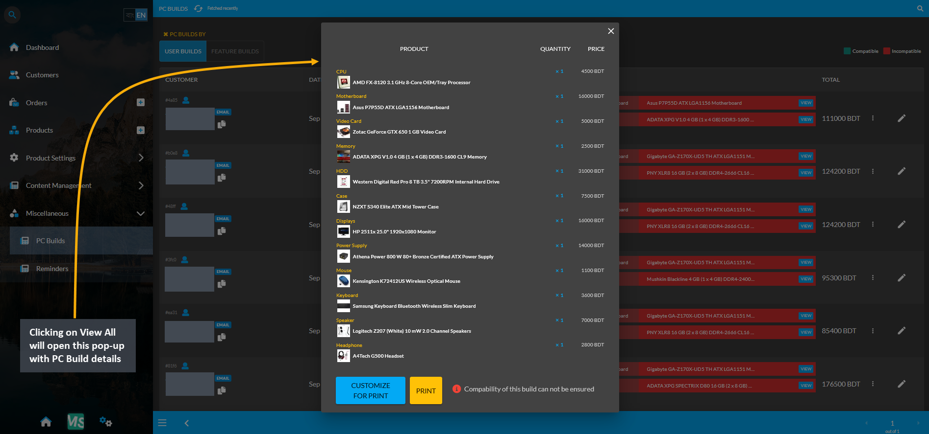 view all PC build pop-up, Clicking on View All will open this pop-up with PC Build details