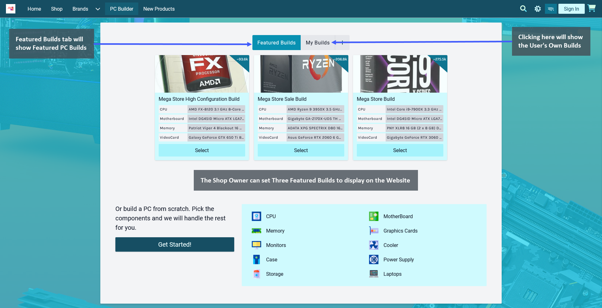 website featured builds, Featured Builds tab will show Featured PC Builds, Clicking here will show the User’s Own Builds, The Shop Owner can set Three Featured Builds to display on the Website