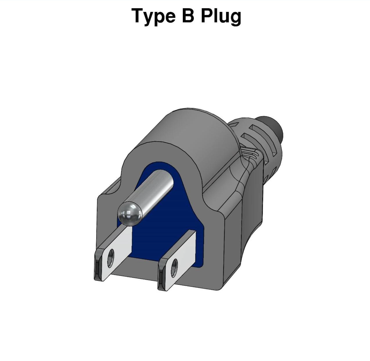 type-b plugs, This plug with two flat 1.5 mm thick blades and a 4.8 mm diameter round or U-shaped earth pin is mainly used in the USA, Canada, and Mexico.