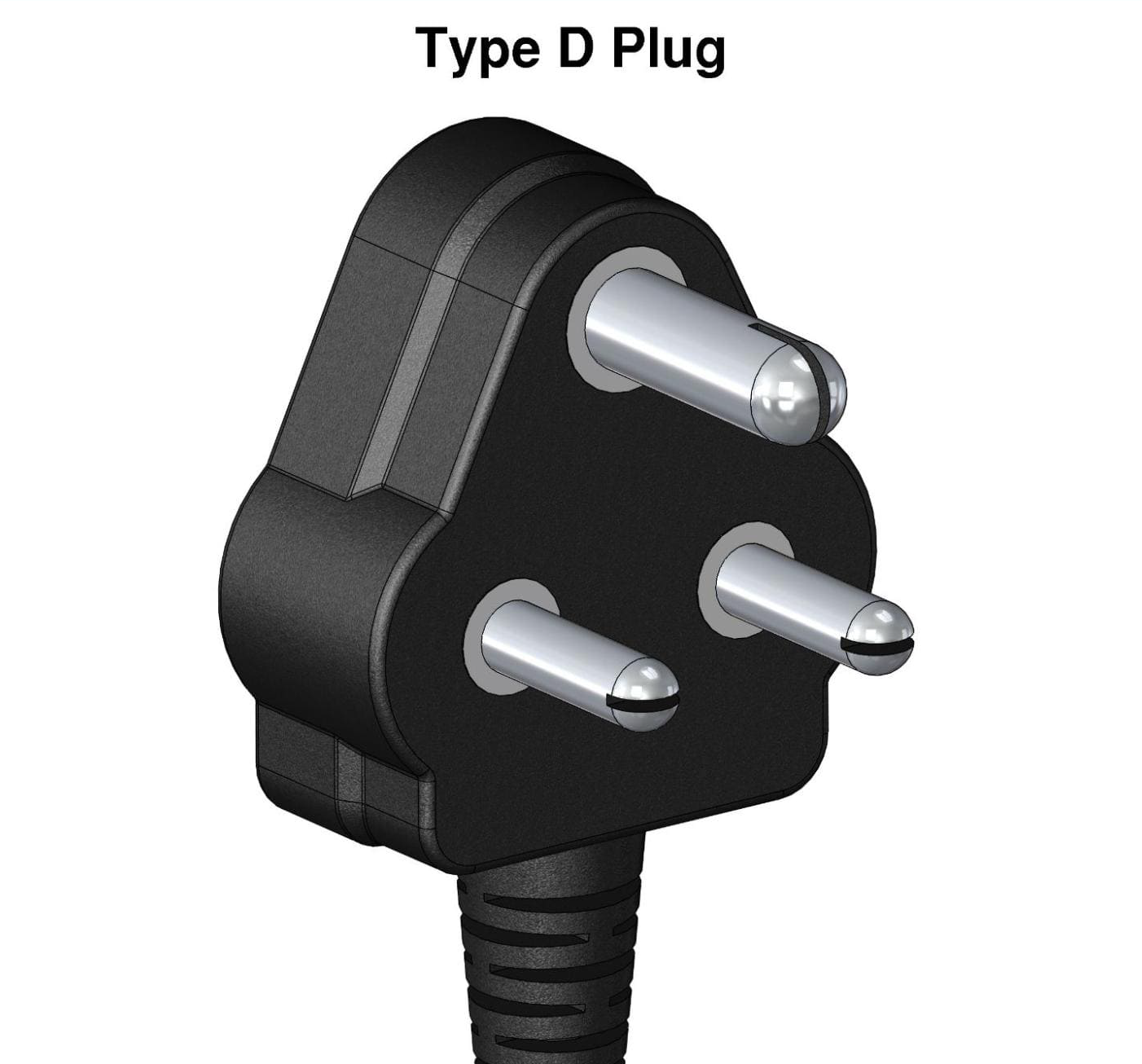 type-d plugs, This plug with three round prongs that form a triangle is almost exclusively used in India and Nepal.