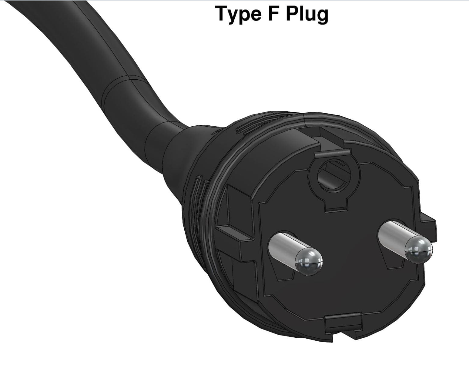 type-f plugs, This plug with two 4.8 mm round pins and conductive clips is used almost everywhere in Europe and Russia, except for UK and Ireland.