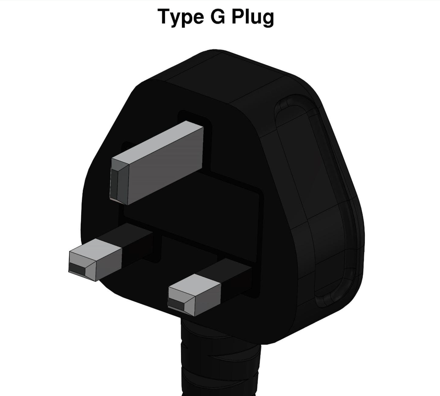 type-g plugs, This plug with three rectangular prongs are mainly used in the United Kingdom, Ireland, Malta, Malaysia, Singapore and the Arabian Peninsula.