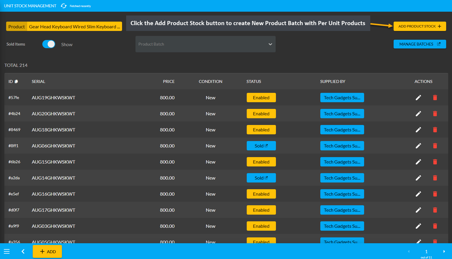 add product stock button, Click the Add Product Stock button to create New Product Batch with Per Unit Products.