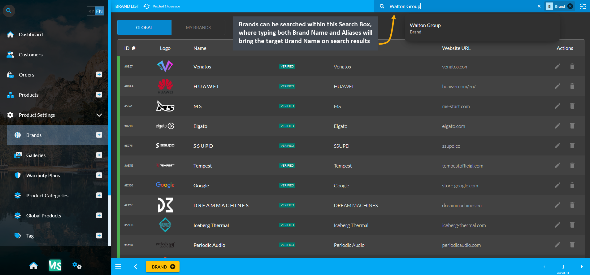 search brands by aliases, Brands can be searched within this Search Box, where typing both Brand Name and Aliases will bring the target Brand Name on search results.