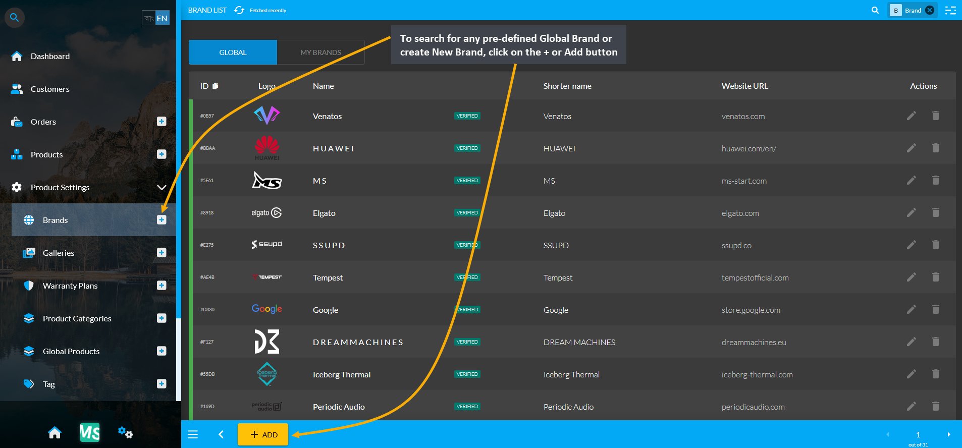 brands main page, To search for any pre-defined Global Brand or create New Brand, click on the + or Add button.