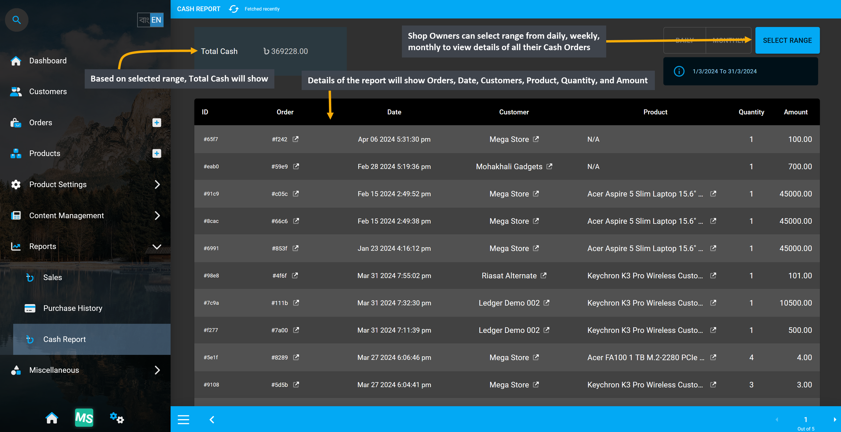 Cash Report Page, Shop Owners can select range from daily, weekly, monthly to view details of all their Cash Orders, Based on the selected range, Total Cash will show on the top left corner of the page, Details of the report will show Orders, Date, Customers, Product, Quantity, and Amount.