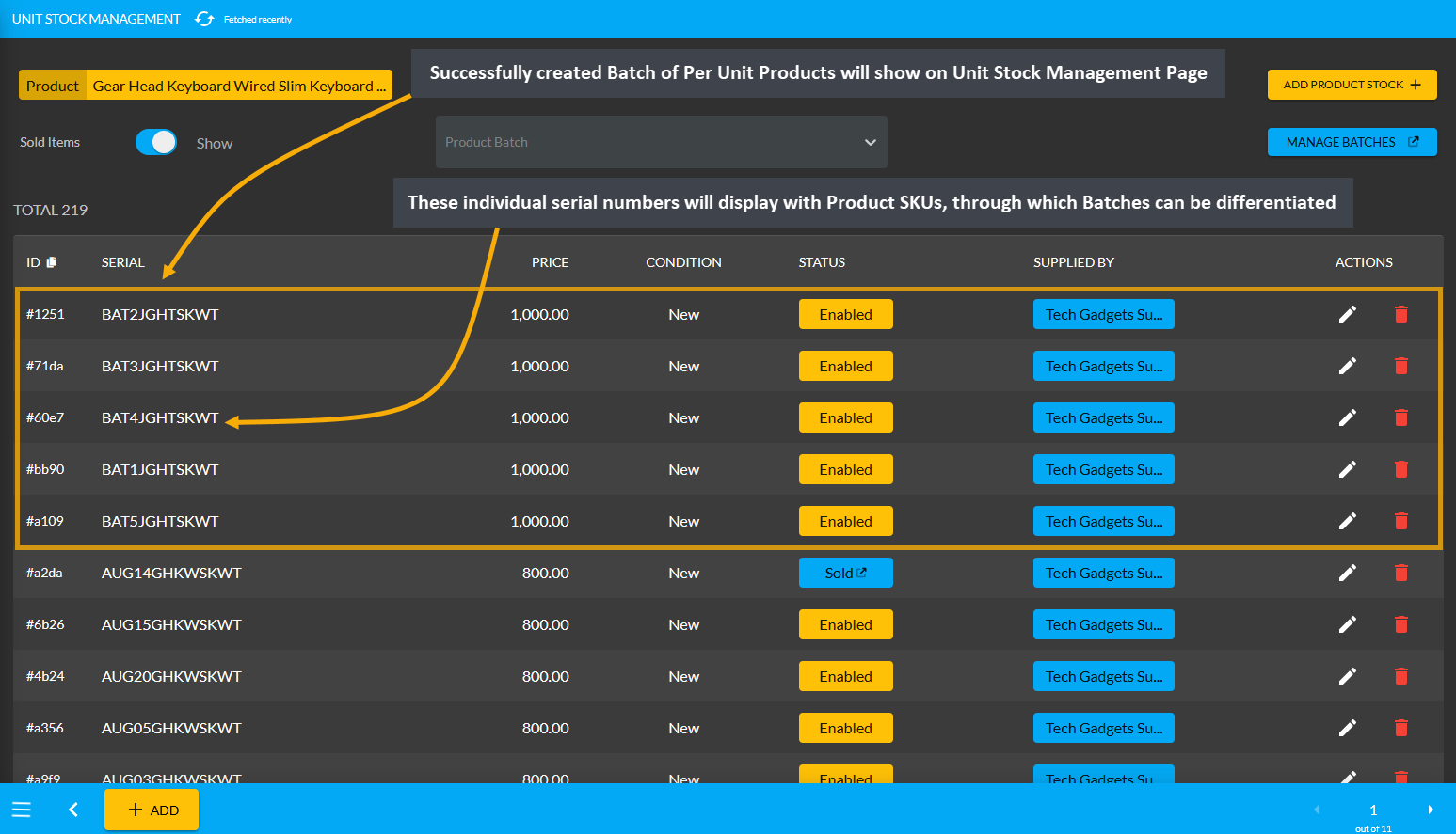 new product batch created, Successfully created Batch of Per Unit Products will show on Unit Stock Management Page, These individual serial numbers will display with Product SKUs, through which Batches can be differentiated.