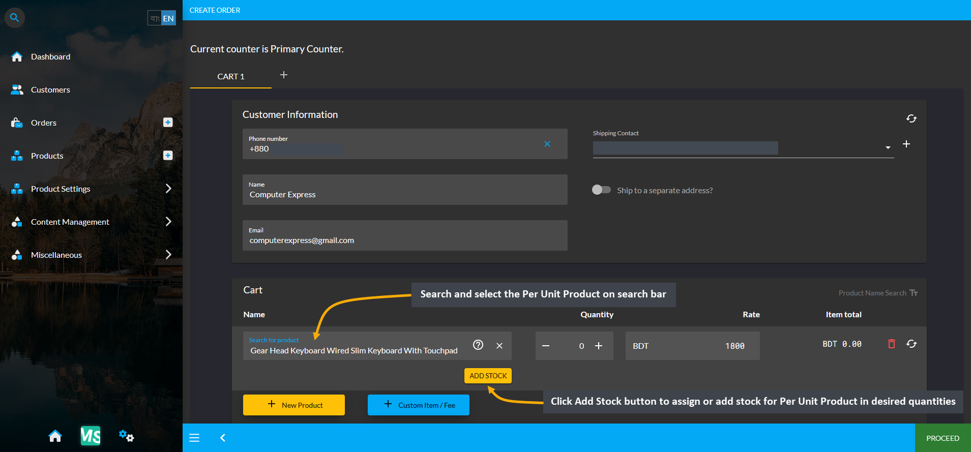 create new order for per unit product, Search and select the Per Unit Product on search bar, Click Add Stock button to assign or add stock for Per Unit Product in desired quantities