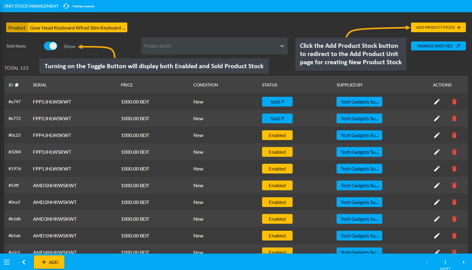 display sold and enabled product stock, Turning on the Toggle Button will display both Enabled and Sold Product Stock, Click the Add Product Stock button to redirect to Add Product Unit page for creating New Product Stock