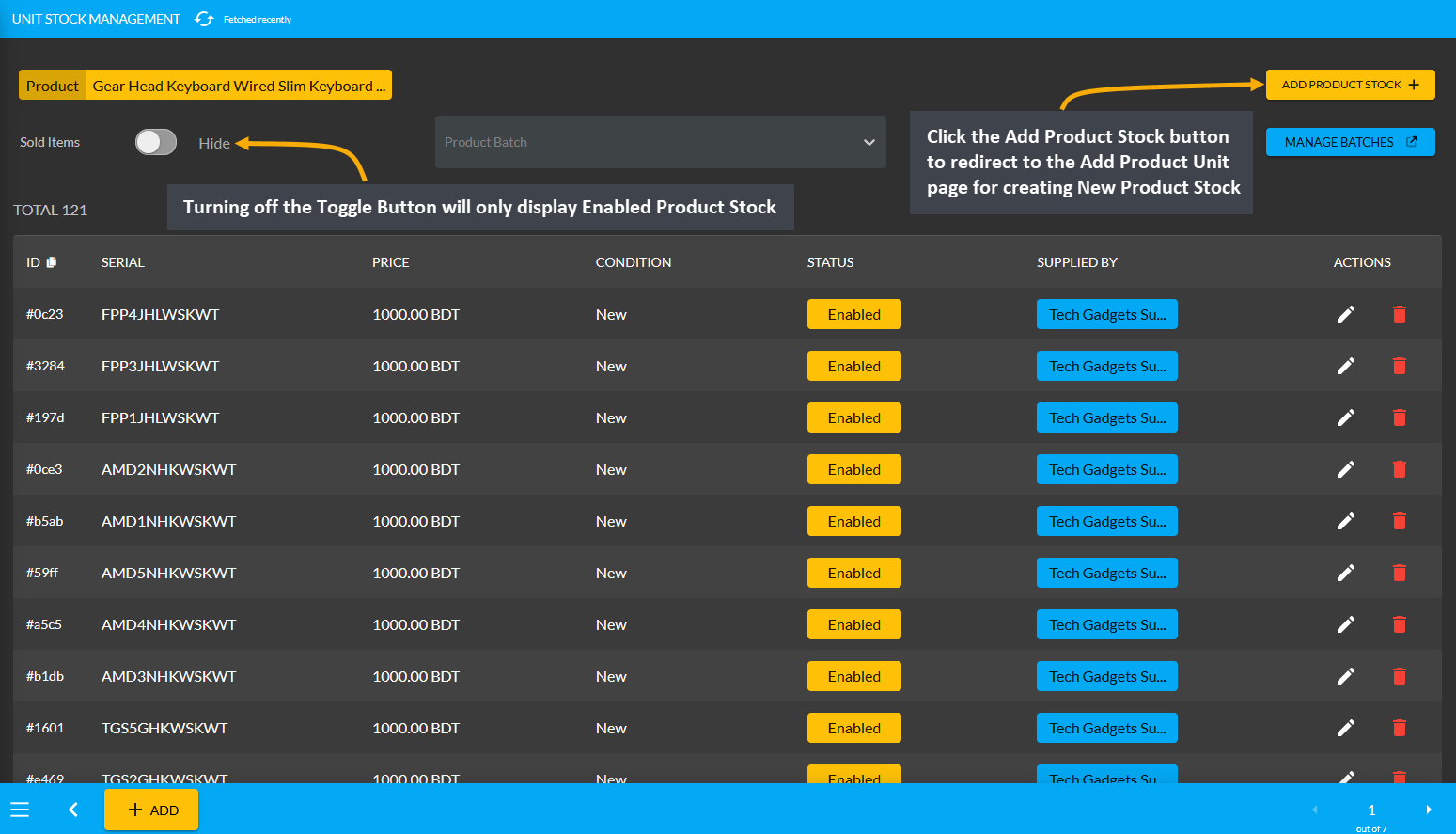 display sold and enabled product stock, Turning off the Toggle Button will only display Enabled Product Stock, Click the Add Product Stock button to redirect to Add Product Unit page for creating New Product Stock