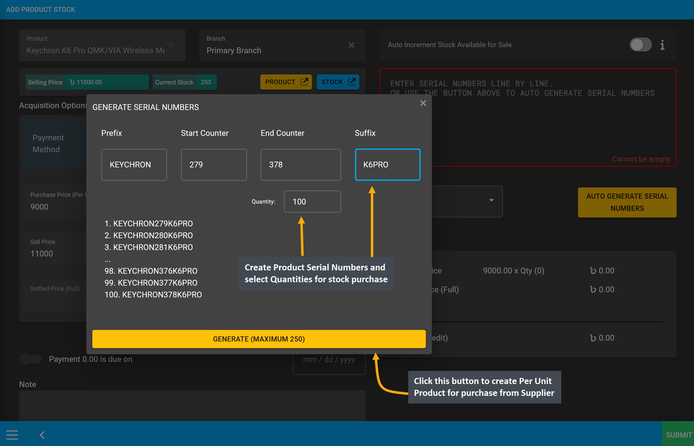 stock purchase serial modal, Create Product Serial Numbers and select Quantities for stock purchase, Click this button to create Per Unit Product for purchase from Supplier.