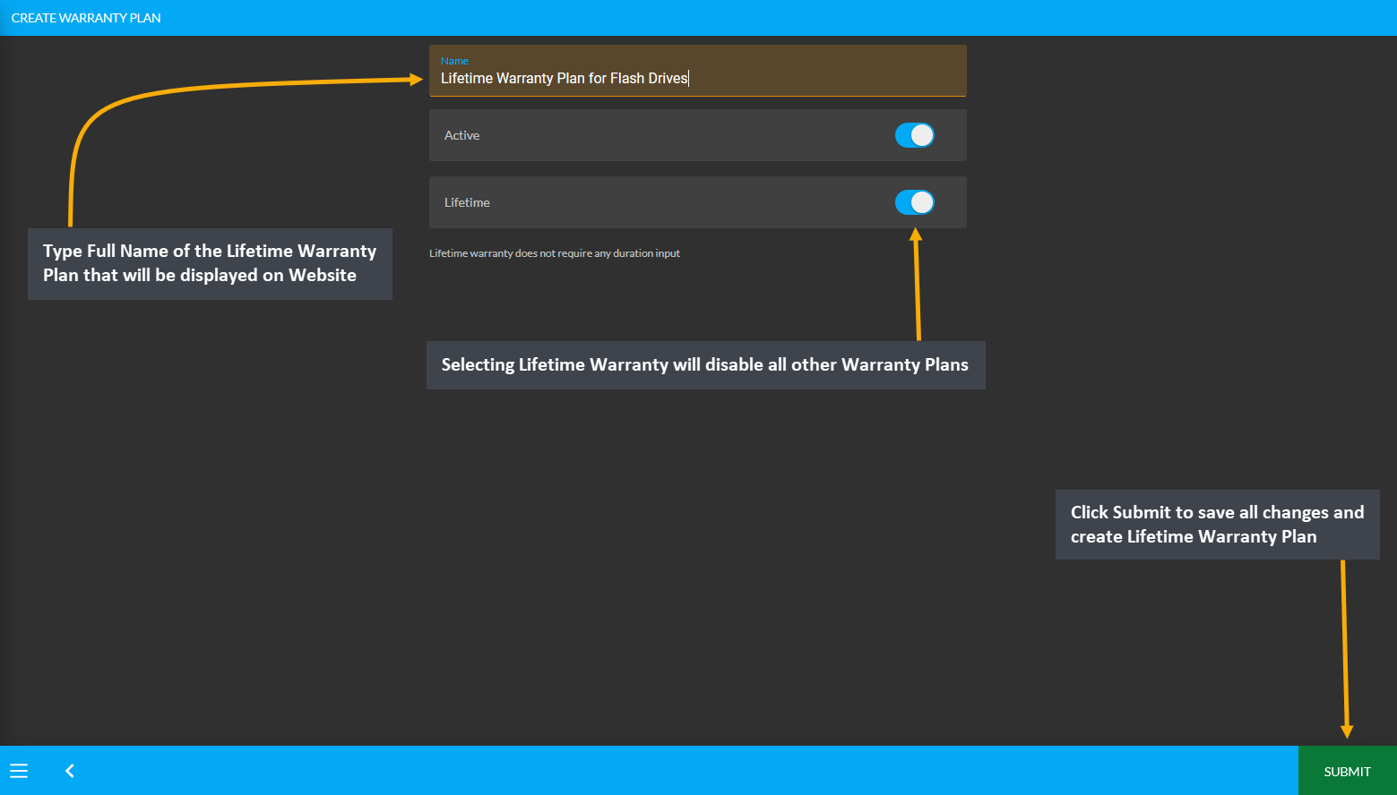 create lifetime warranty plan, Type Full Name of the Lifetime Warranty Plan that will be displayed on Website, Selecting Lifetime Warranty will disable all other Warranty Plans, Click Submit to save all changes and create Lifetime Warranty Plan.