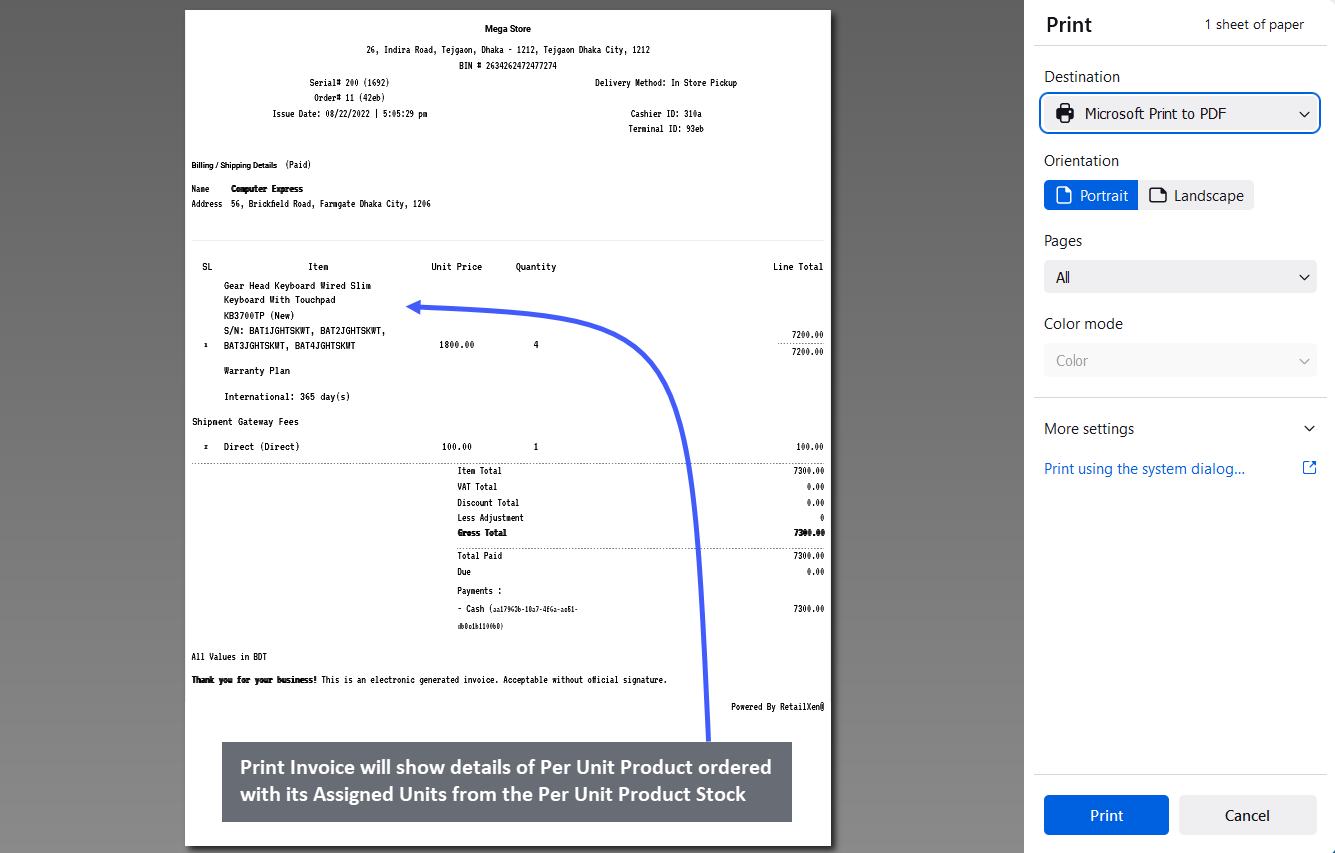 per unit product with stock ordered, Print Invoice will show details of Per Unit Product ordered with its Assigned Units from the Per Unit Product Stock