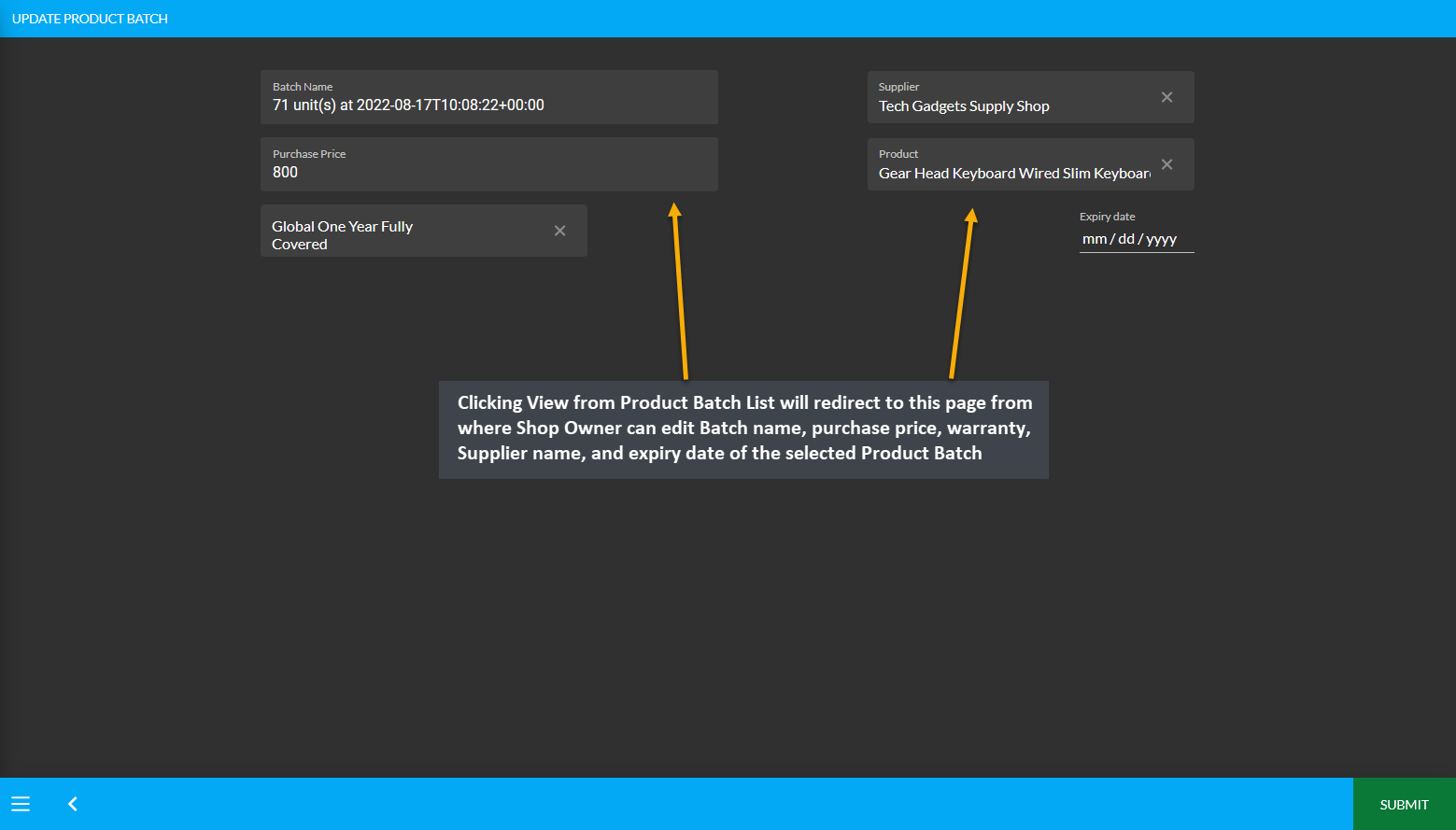 edit per unit products page, Clicking View from Product Batch List will redirect to this page from where Shop Owner can edit Batch name, purchase price, warranty, Supplier name, and expiry date of the selected Product Batch.