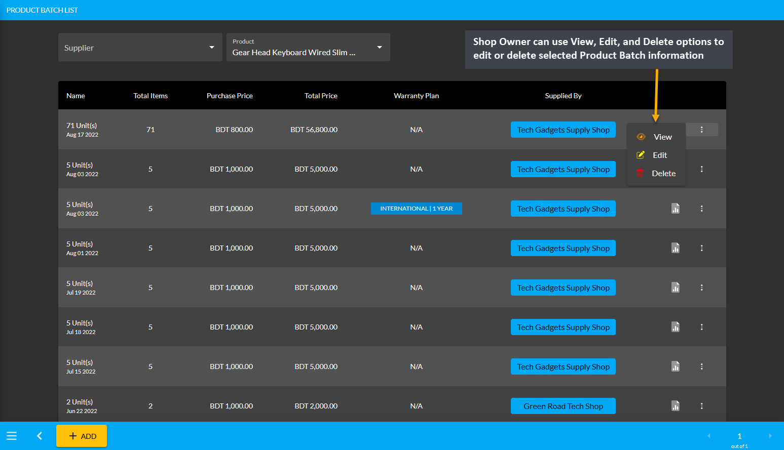 view and edit on product batch list page, Shop Owner can use View, Edit, and Delete options to edit or delete selected Product Batch information.