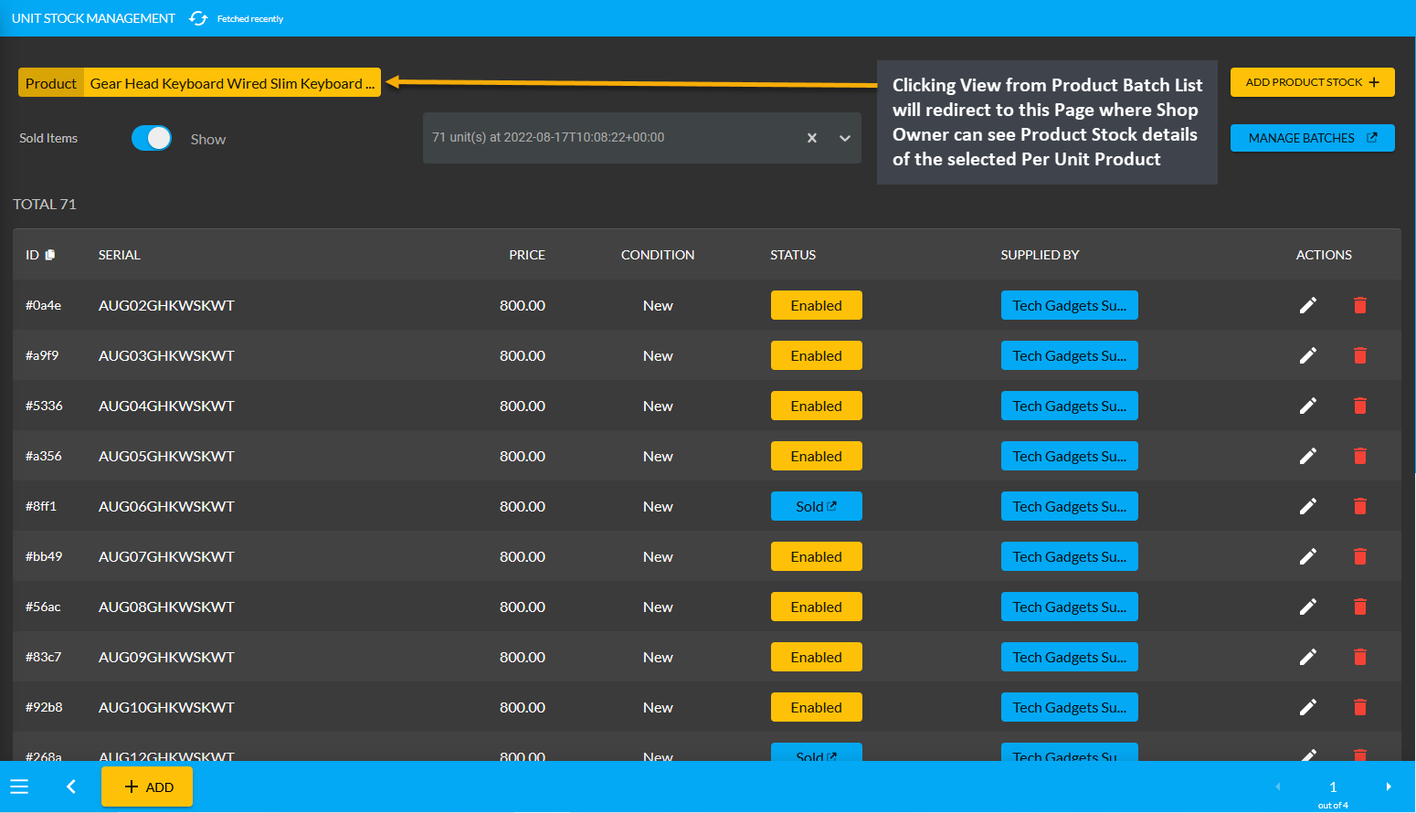 view per unit products page, Clicking View from Product Batch List will redirect to this Page where Shop Owner can see Product Stock details of the selected Per Unit Product.