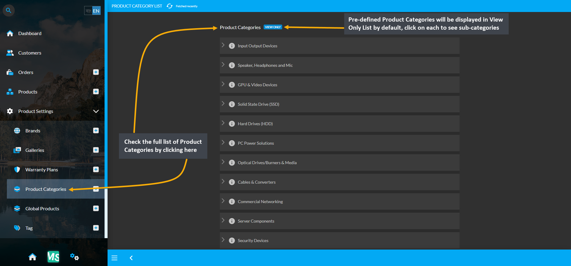 Product categories main page, Check the full list of Product Categories by clicking here, Pre-defined Product Categories will be displayed in View Only List by default, click on each to see sub-categories.