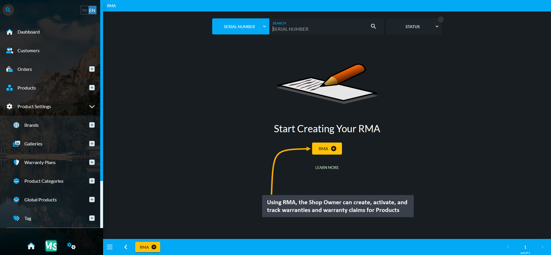 RMA, Using RMA, the Shop Owner can create, activate, and track warranties and warranty claims for Products.