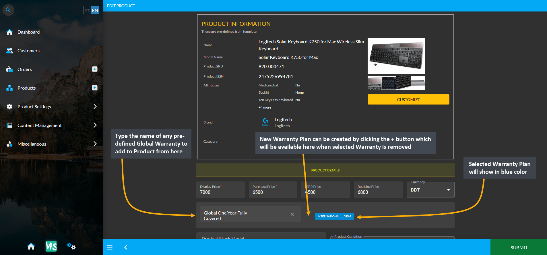 select global warranty for product creation, Type the name of any pre-defined Global Warranty to add to Product from here, Selected Warranty Plan will show in blue color, New Warranty Plan can be created by clicking the + button which will be available here when selected Warranty is removed.