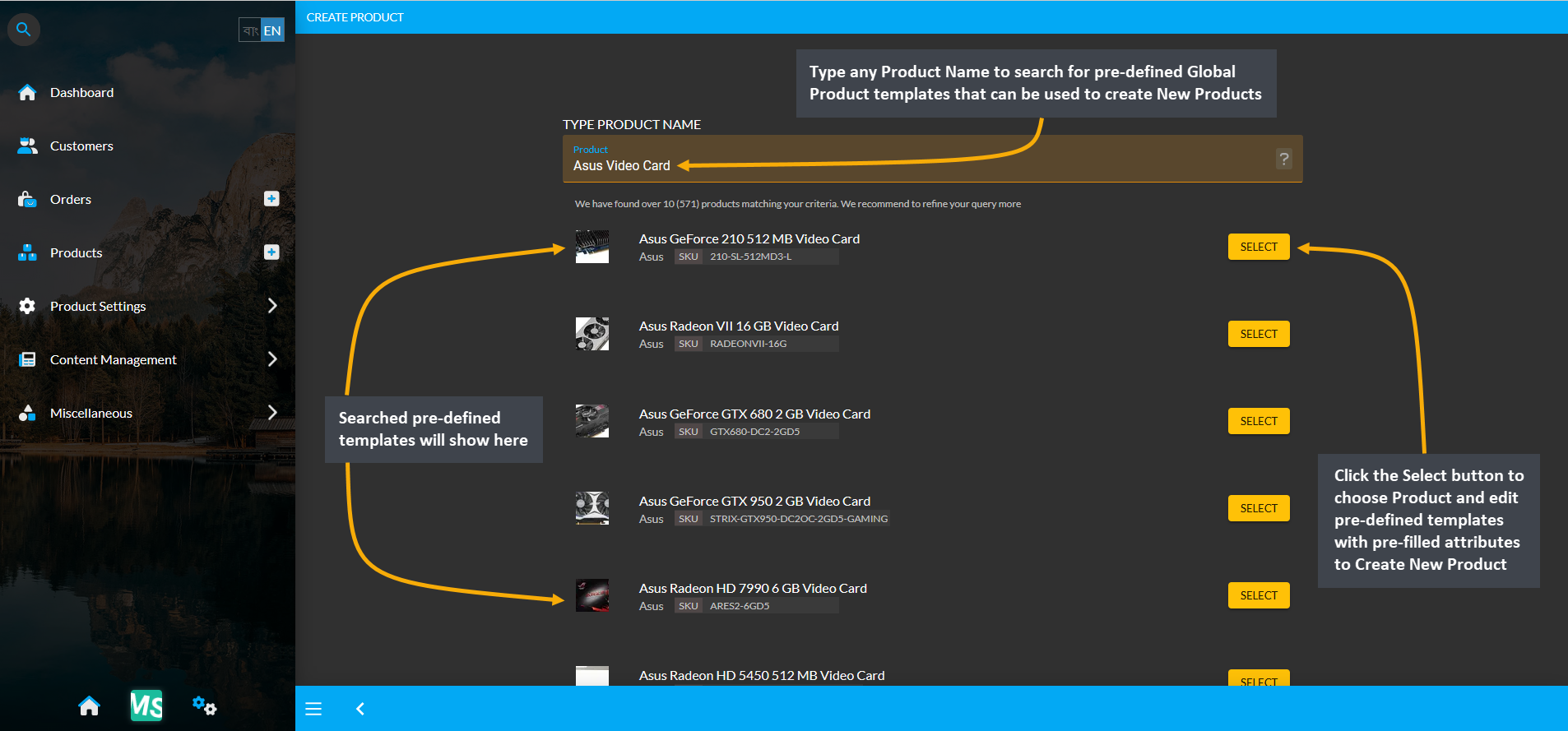 select predefined products from search, Type any Product Name to search for pre-defined Global Product templates that can be used to create New Products, Searched pre-defined templates will show here, Click the Select button to choose Product and edit pre-defined templates with pre-filled attributes to Create New Product.