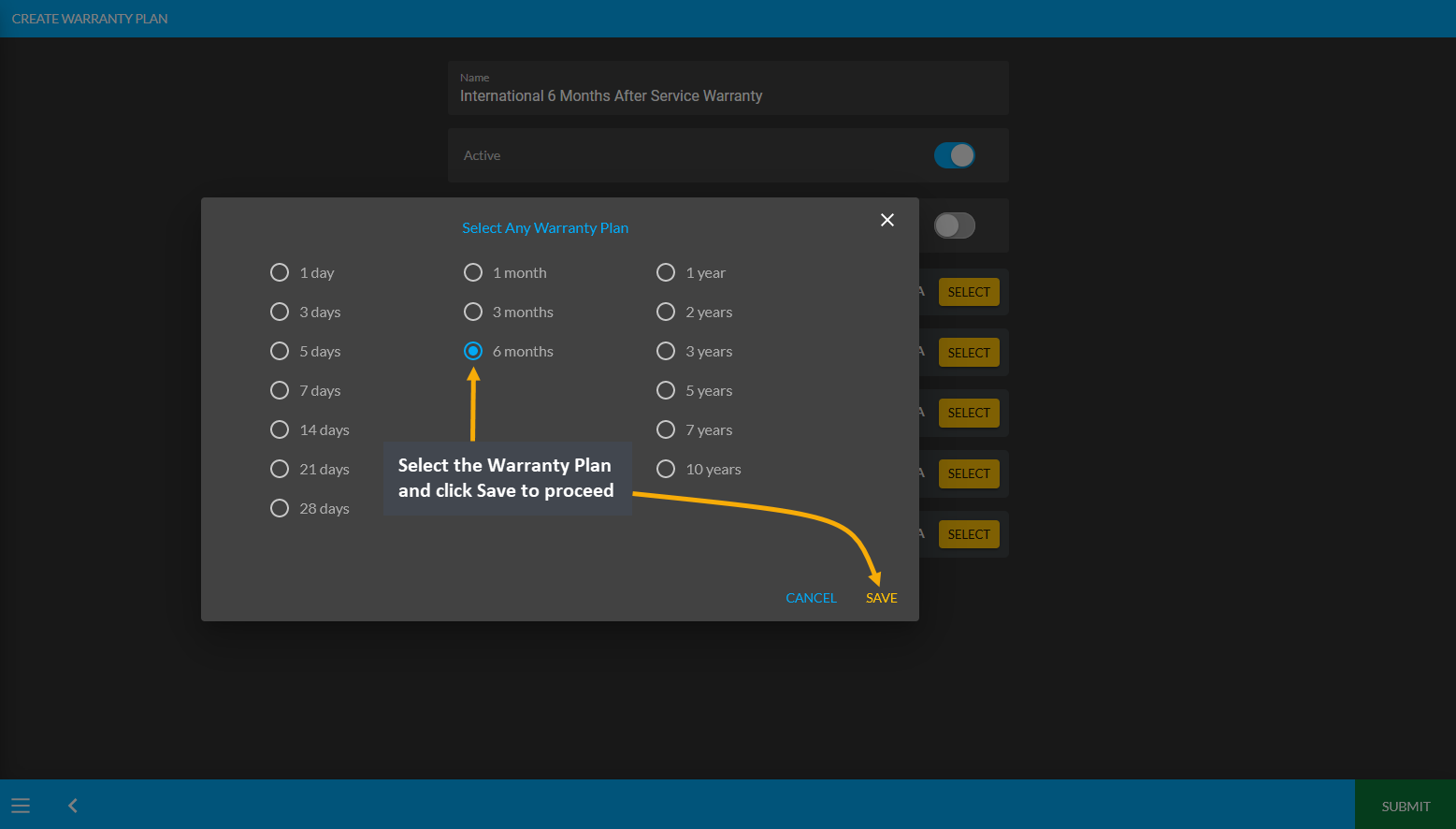 select warranty plans pop-up, Select the Warranty Plan and click Save to proceed.