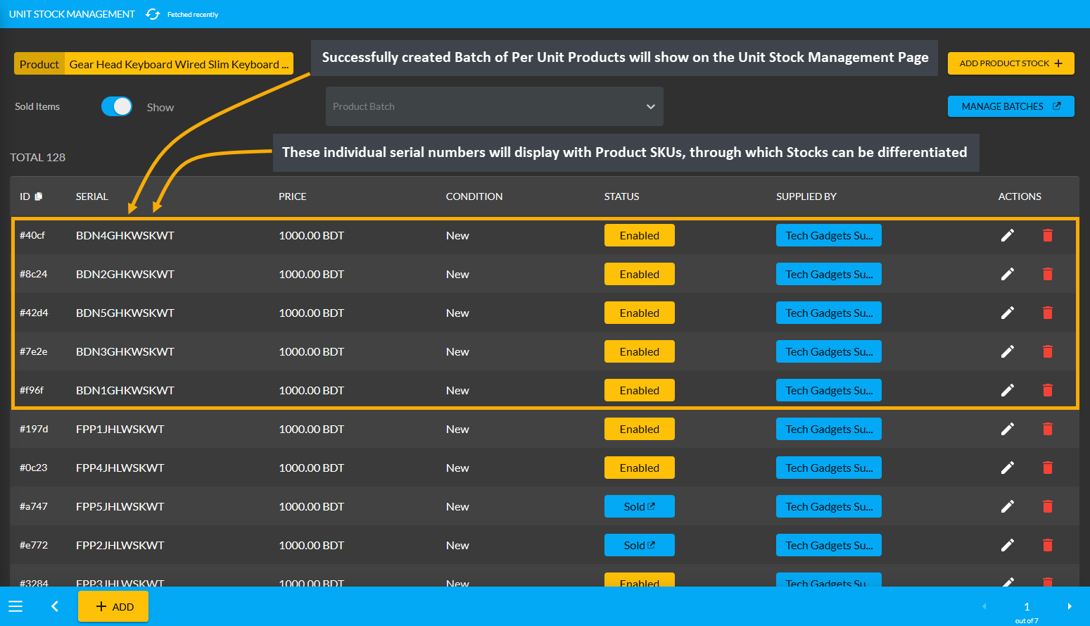 unit stock management page, Successfully created Batch of Per Unit Products will show on Unit Stock Management Page, These individual serial numbers will display with Product SKUs, through which Batches can be differentiated