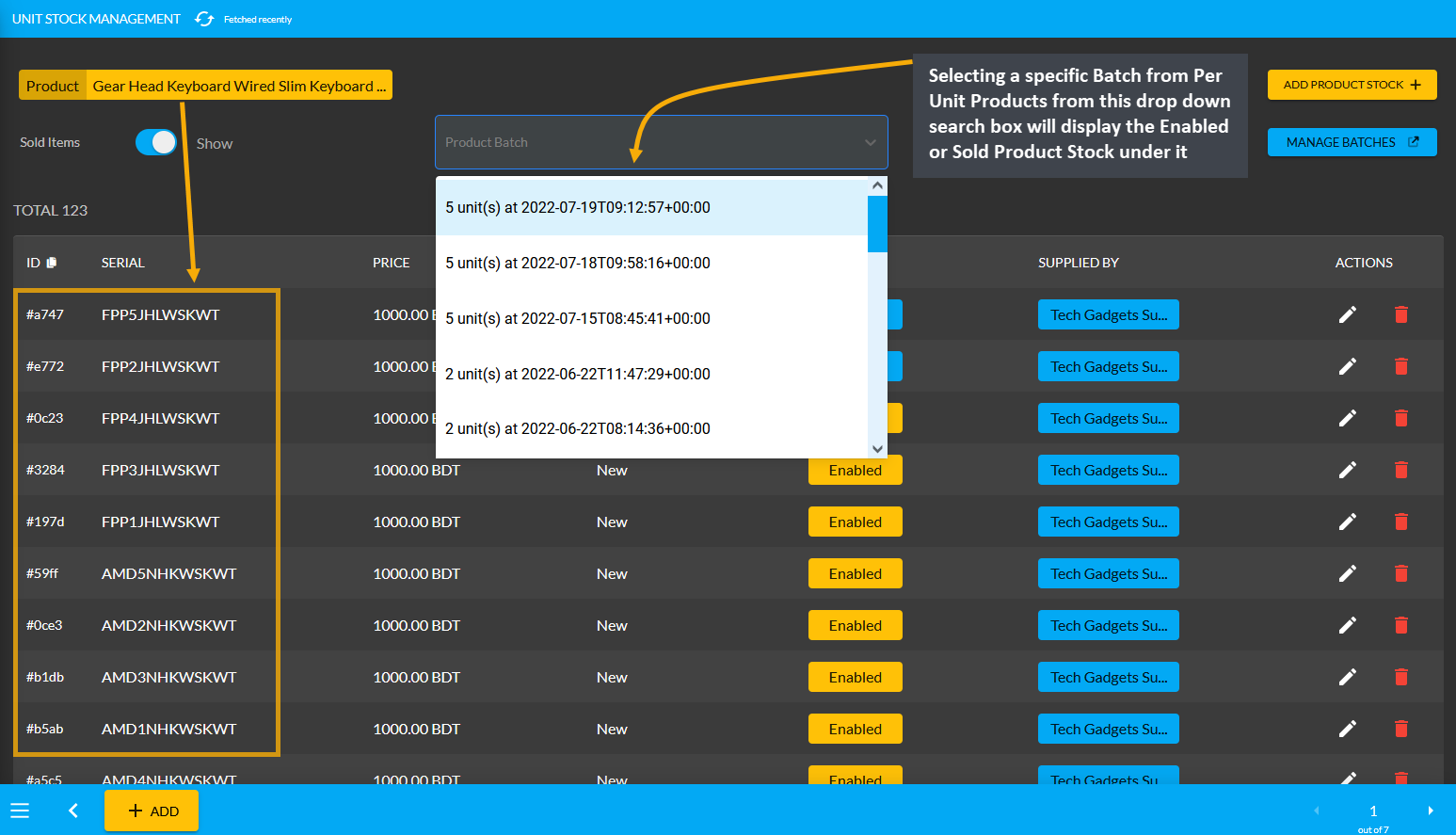 view product stock and select batch, Selecting a specific Batch from Per Unit Products from this drop down search box will display the Enabled or Sold Product Stock under it