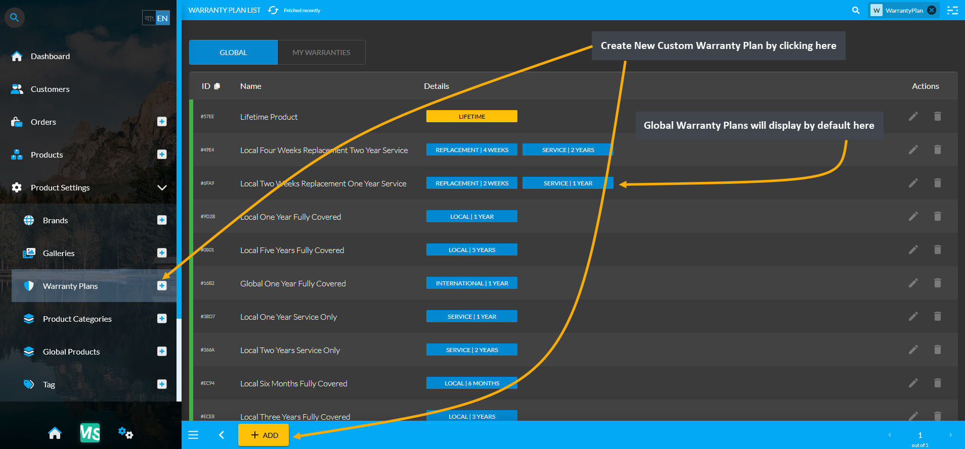 warranty plans main page, Create New Custom Warranty Plan by clicking here, Global Warranty Plans will display by default here.