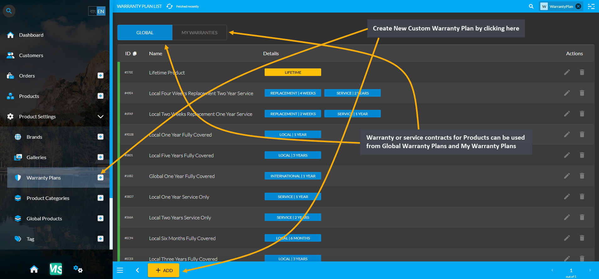 warranty plans, Warranty or service contracts for Products can be used from Global Warranty Plans and My Warranty Plans, Create New Custom Warranty Plan by clicking here.