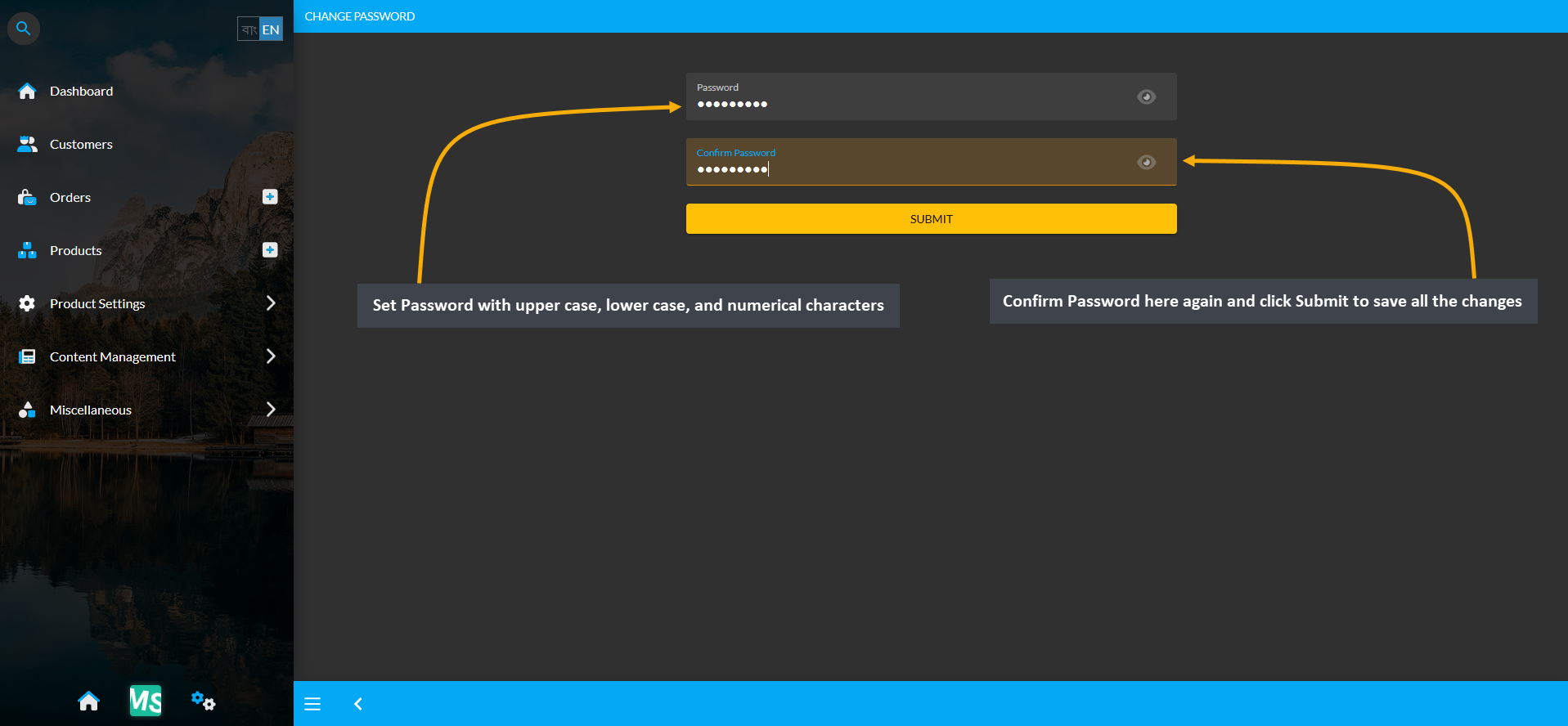 user profile password, Set Password with upper case, lower case, and numerical characters, Confirm Password here again and click Submit to save all the changes.