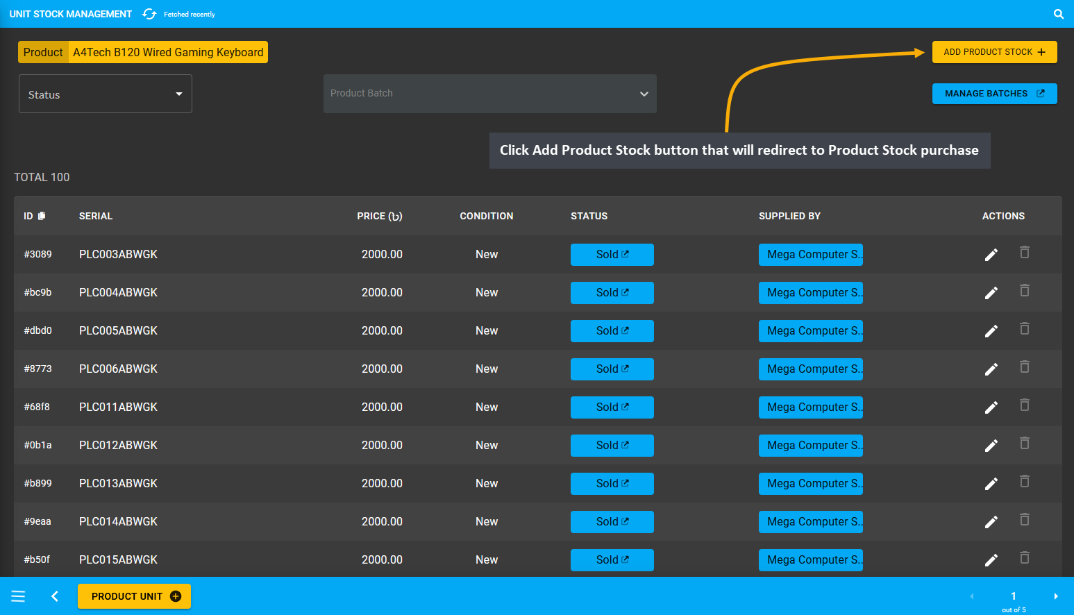 supplier workflow add product stock, Click Add Product Stock button that will redirect to Product Stock purchase page.