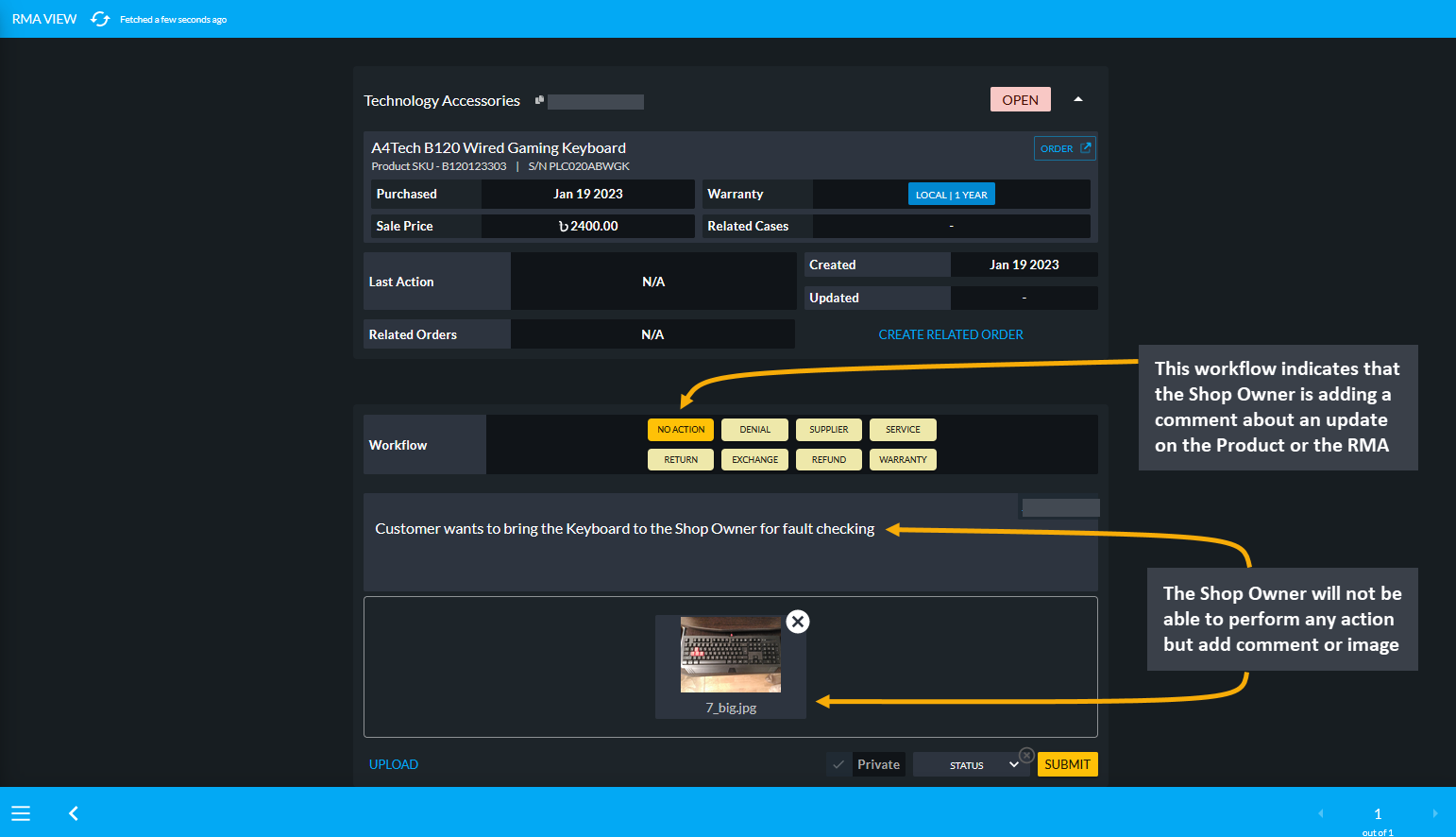 comment workflow, This workflow indicates that the Shop Owner is adding a comment about an update on the Product or the RMA case.