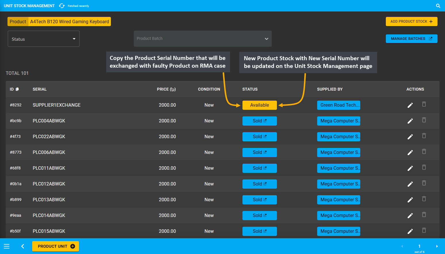 supplier workflow new product stock added, New Product Stock with New Serial Number will be updated on the Unit Stock Management page, Copy the Product Serial Number that will be exchanged with faulty Product on RMA case.