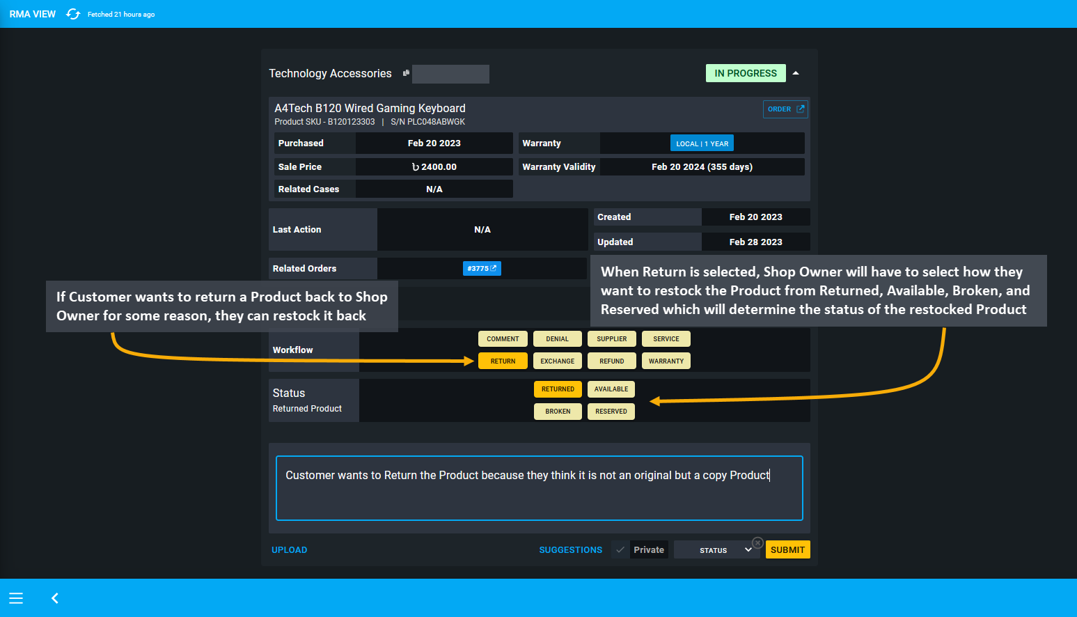 return intro workflow, If Customer wants to return a Product back to Shop Owner for some reason, they can restock it back, When Return is selected, Shop Owner will have to select how they want to restock the Product from Returned, Available, Broken, and Reserved which will determine the status of the restocked Product.