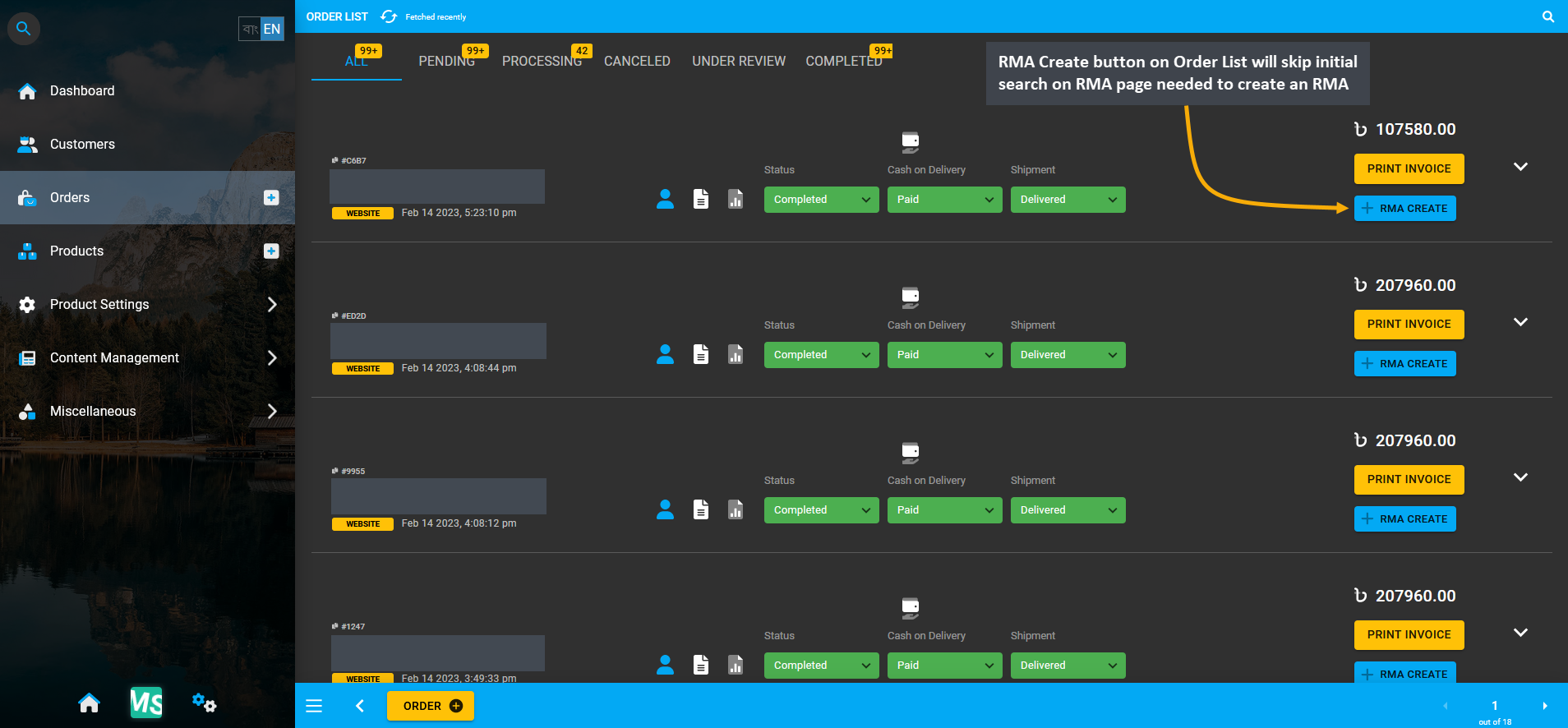 rma create from order list, RMA Create button on Order List will skip initial search on RMA page needed to create an RMA.