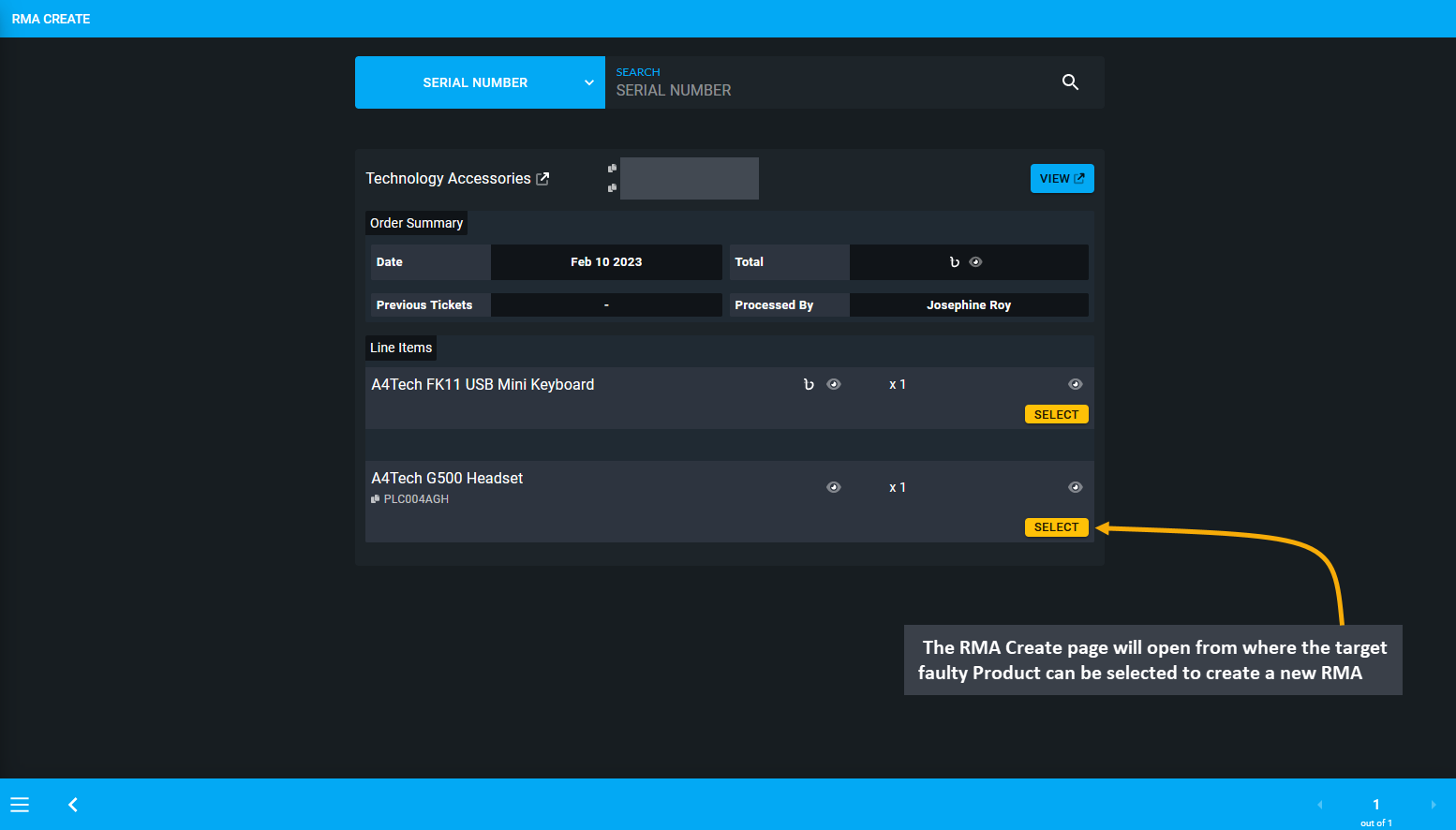 rma created from customer dashboard, The RMA Create page will open from where the target faulty Product can be selected to create a new RMA case.