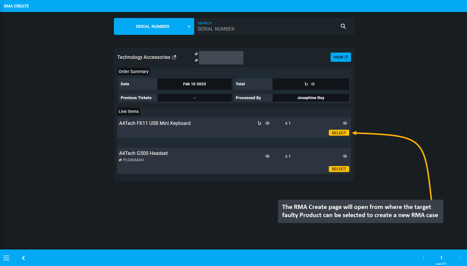 rma created from order list, The RMA Create page will open from where the target faulty Product can be selected to create a new RMA case.