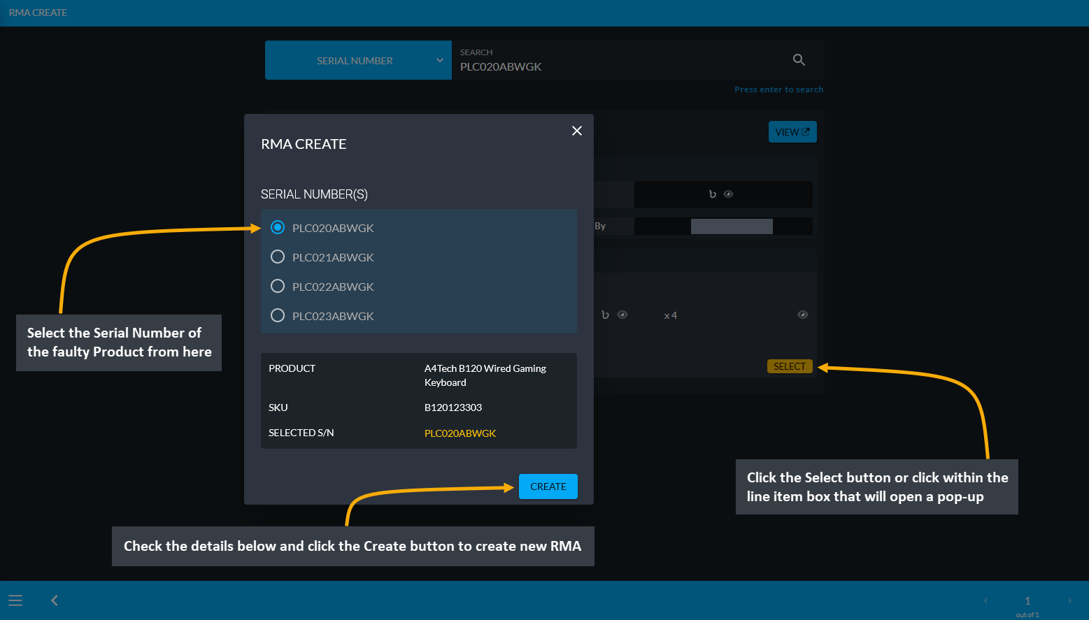 rma product select, Click the Select button or click within the line item box that will open a pop-up, Select the Serial Number of the faulty Product from here, Check the details below and click the Create button to create new RMA.