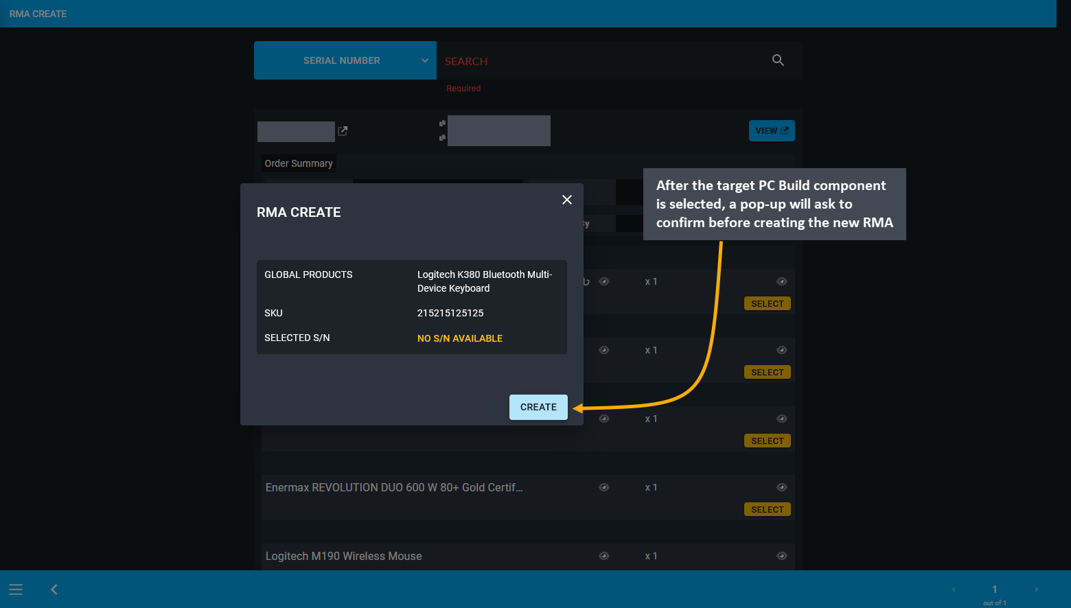 confirm to create rma for PC build, After the target PC Build component is selected, a pop-up will ask to confirm before creating the new RMA case.