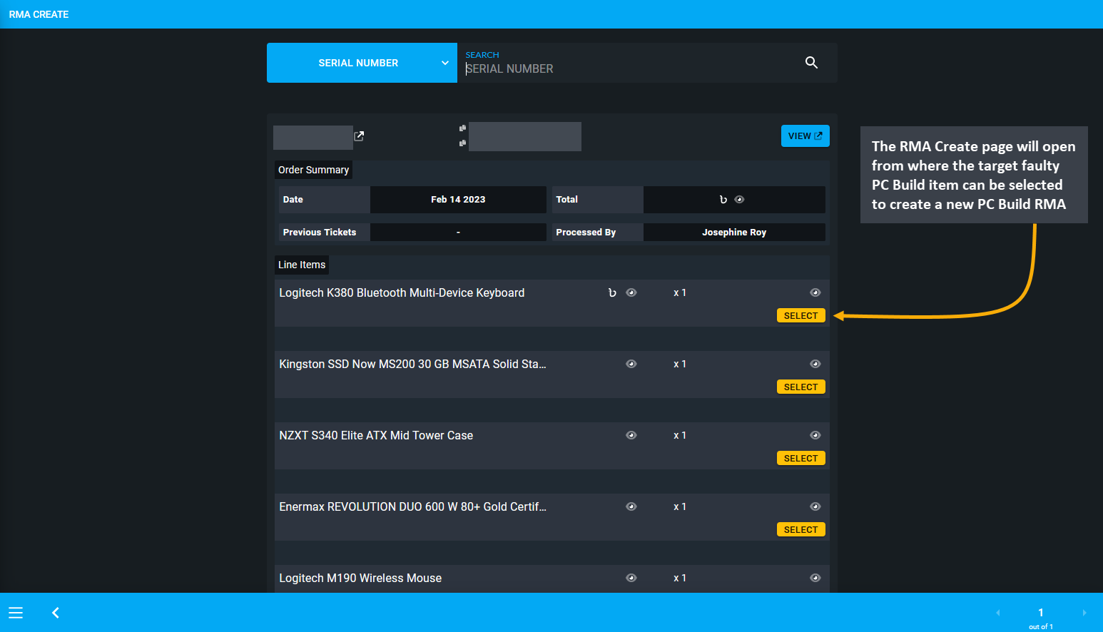 rma created from PC build, The RMA Create page will open from where the target faulty PC Build item can be selected to create a new PC Build RMA case.