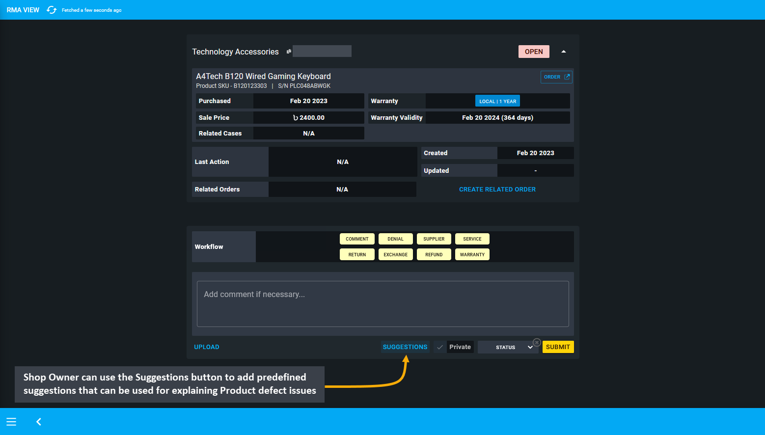 rma suggestions button, Shop Owner can use the Suggestions button to add predefined suggestions that can be used for explaining Product defect issues.