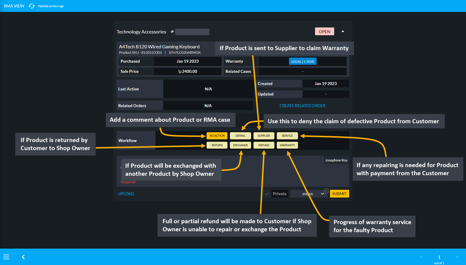 rma case workflow, Add a comment about Product or RMA case, Use this to deny the claim of defective Product from Customer, If Product is sent to Supplier to claim Warranty, If any repairing is needed for Product with payment from Customer, If Product is returned by Customer to Shop Owner, If Product will be exchanged with another Product by Shop Owner, Full or partial refund will be made to Customer if Shop Owner is unable to repair or exchange the Product, Progress of warranty service for the faulty Product.