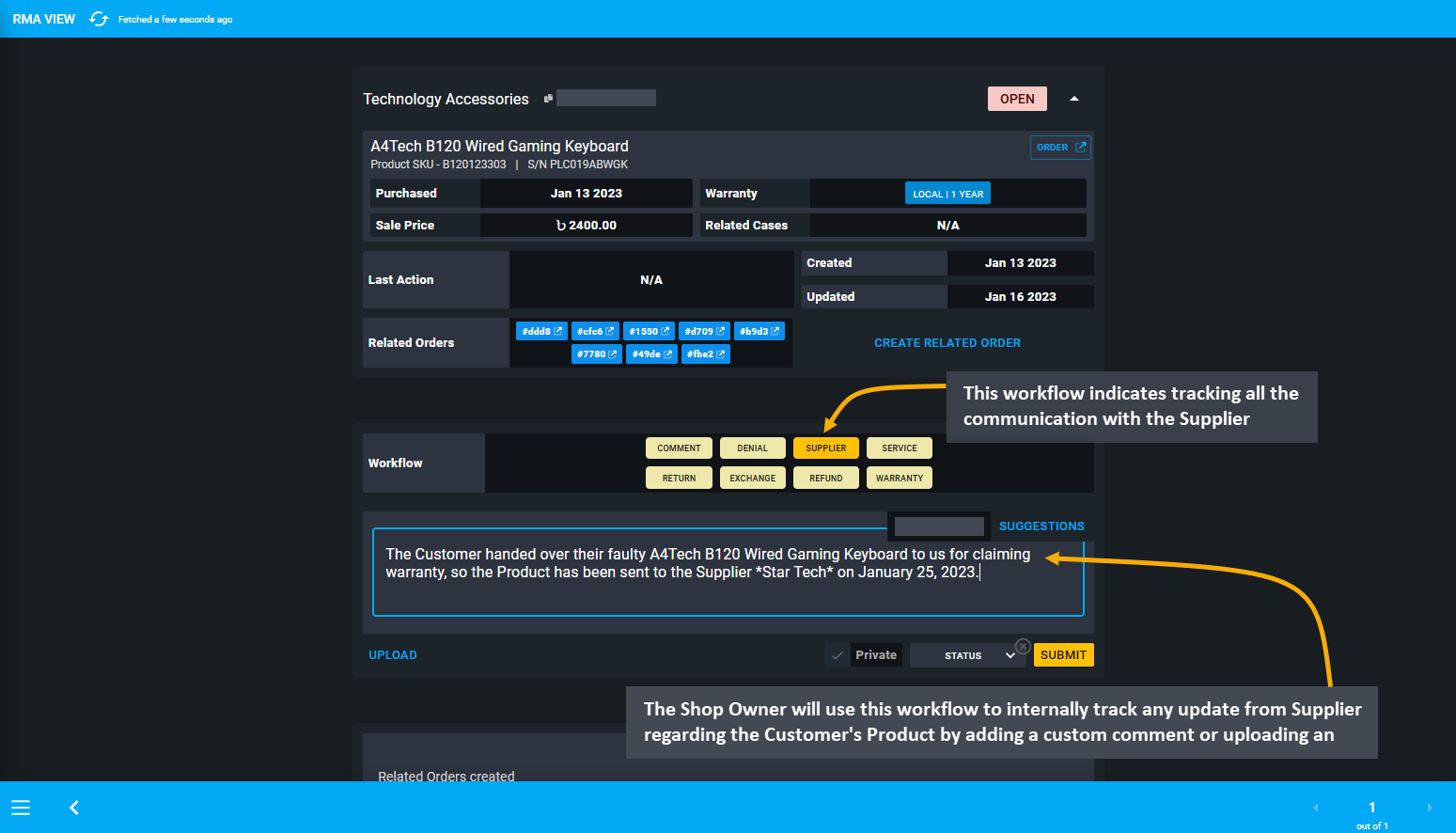 supplier workflow, This workflow indicates tracking all the communication with the Supplier, The Shop Owner will use this workflow to internally track any update from Supplier regarding the Customer’s Product by adding a custom comment or uploading an image.