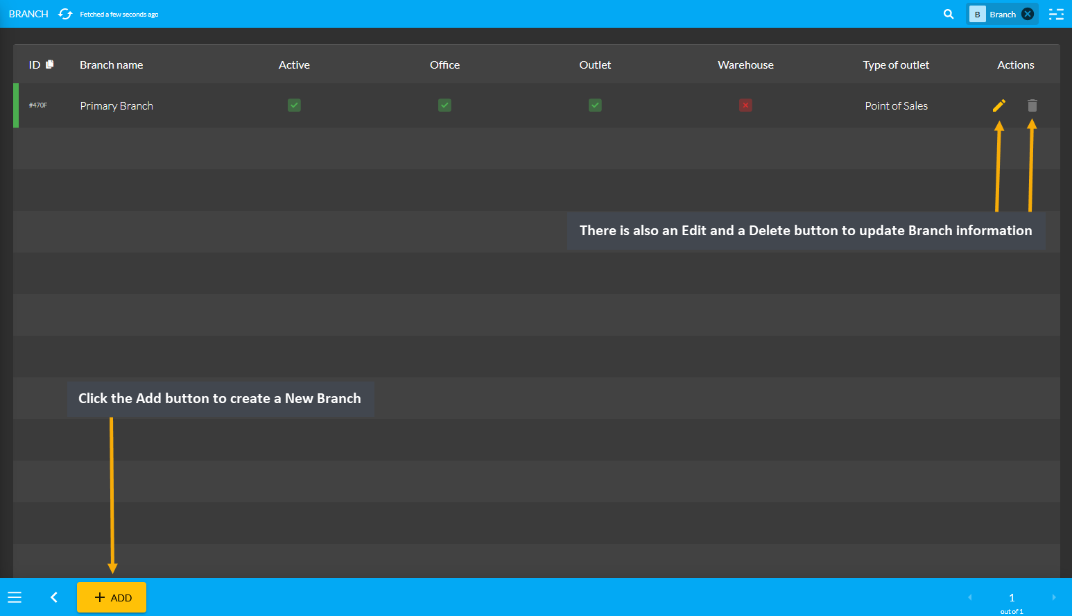 branch settings main, Click the Add button to create a New Branch, There is also an Edit and a Delete button to update Branch information.