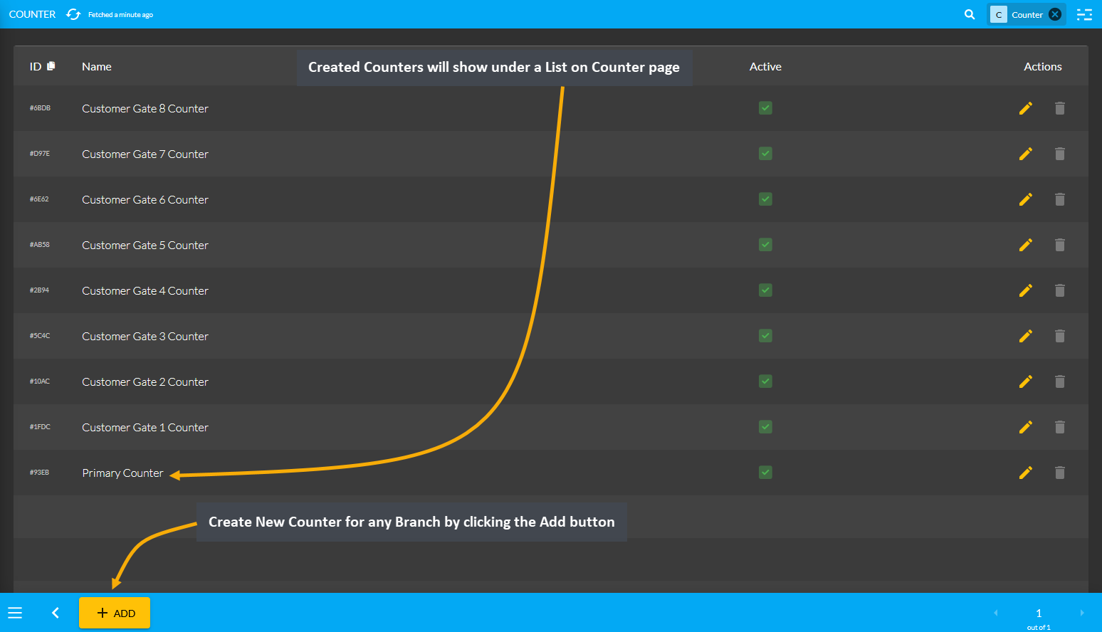 set counter details, Created Counters will show under a List on Counter page, Create New Counter for any Branch by clicking the Add button.