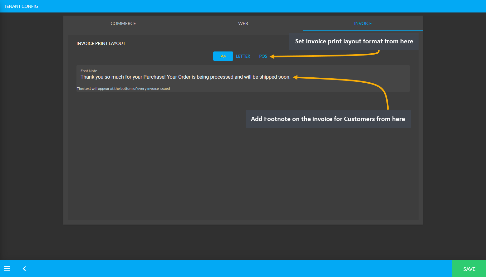 theme settings invoice, Set Invoice print layout format from here, Add Footnote on the invoice for Customers from here.